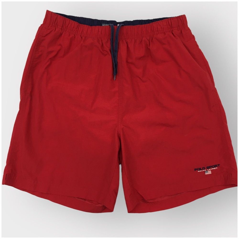Vintage Polo Sport Ralph Lauren Swim‎ Trunks Size M Red Mesh Lined USA Flag Logo